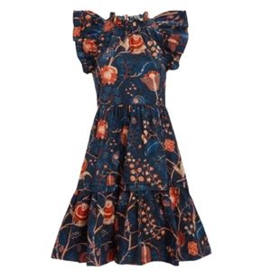 Ulla Johnson Eden Dress Womens 12 Navy Blue Orange Sleeveless Ruffle Floral